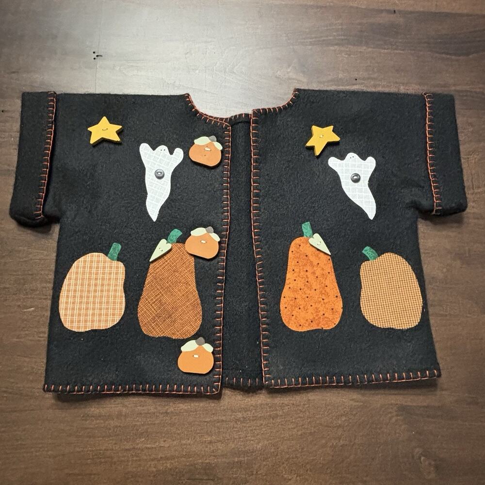 Halloween Felt Jacket Childrens Sz 4? Open Front Pumpkin Appliques Ghosts Stars